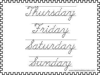 7 Days of The Week Cursive Handwriting Worksheets!