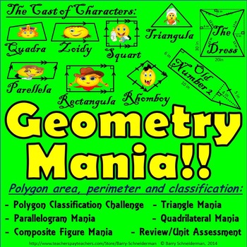 Preview of 2-D Geometry Unit: Area and Perimeter, Classifying Quadrilaterals and Triangles