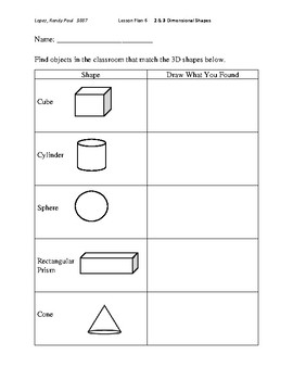 2-D and 3-D shapes lesson plan for Kindergarten by Randall's Area