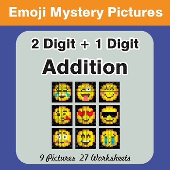 2-Digit + 1-Digit Addition Color-By-Number EMOJI Math Mystery Pictures