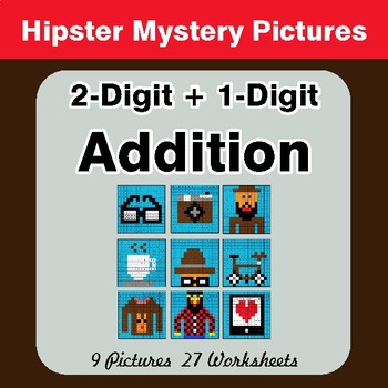 2-Digit + 1-Digit Addition - Color-By-Number Math Mystery Pictures - Hipster Theme