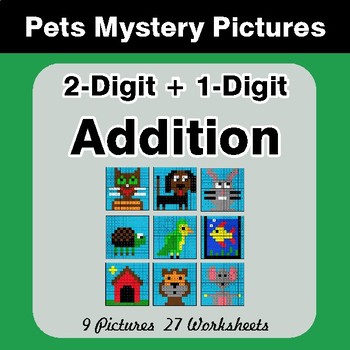 2-Digit + 1-Digit Addition - Color-By-Number Math Mystery Pictures - Pets Theme