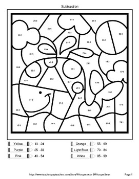 2 digit 1 digit subtraction color by number coloring pages ocean