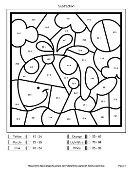 2-Digit - 1-Digit Subtraction - Color By Number / Coloring Pages - Ocean