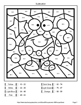 2-Digit - 1-Digit Subtraction - Color By Number / Coloring ...