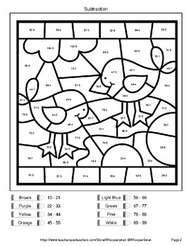 2 digit 1 digit subtraction color by number coloring