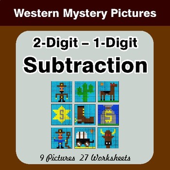 2-Digit - 1-Digit Subtraction - Color-By-Number Math Mystery Pictures