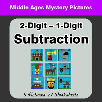 2-Digit - 1-Digit Subtraction - Color-By-Number Math Mystery Pictures