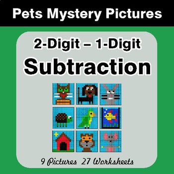 2-Digit - 1-Digit Subtraction - Color-By-Number Math Mystery Pictures - Pets