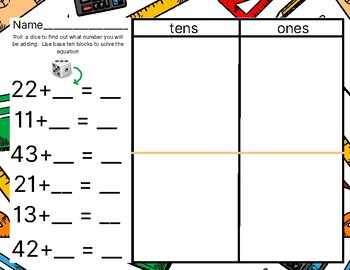 2 Digit + 1 Digit addition dice activity using a Place Value Chart