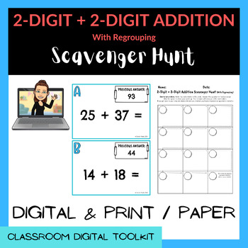 Preview of 2-Digit + 2-Digit ADDITION (Regrouping) SCAVENGER HUNT - PRINT / Google Slides™