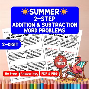 Preview of 2-Digit 2-Step Addition & Subtraction Word Problems Worksheets | Summer Math