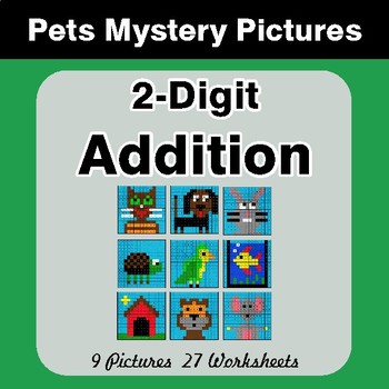 2-Digit Addition - Color-By-Number Math Mystery Pictures - Pets Theme
