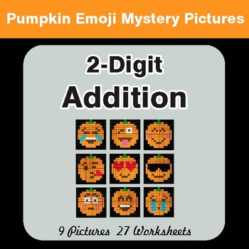 2-Digit Addition - Color-By-Number PUMPKIN EMOJI Math Mystery Pictures