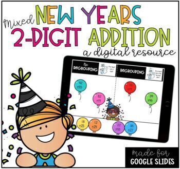 Preview of 2 Digit Addition New Years Activity Google Slides™ / Google Classroom™