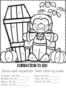 2 digit addition subtraction color by number halloween themed tpt