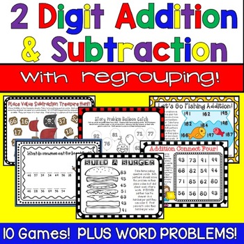 Preview of 2 Digit Addition, Subtraction & Word Problem Games Bundle With Regrouping
