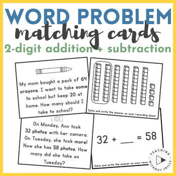 Preview of 2-Digit Addition & Subtraction - Word Problems Matching Cards Game Math Center
