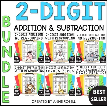 Preview of 2 Digit Addition & Subtraction Worksheets | With and Without Regrouping BUNDLE
