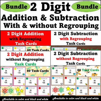 Preview of 2 Digit Addition & Subtraction with & without regrouping Task Cards Bundle