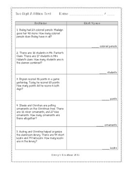 2-Digit Addition Test with Regrouping by Krissy's Creations | TpT