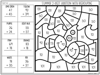 2-Digit Addition WITH Regrouping Coloring-By-Code l Summer Themed