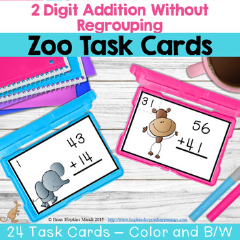 Preview of 2 Digit Addition Without Regrouping Task Cards Zoo Theme