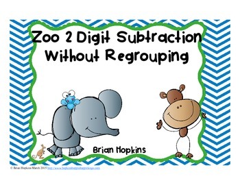 Preview of 2 Digit Subtraction Without Regrouping Task Cards Zoo Theme