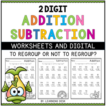 Preview of 2 Double Digit Addition Subtraction With Without Regrouping No Prep Worksheets