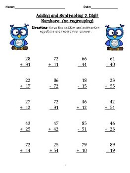 2 digit addition and subtraction mixed reviewend of year