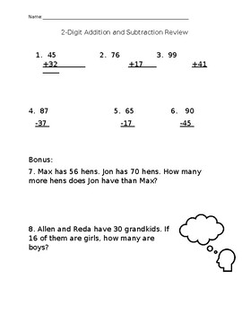 Preview of 2 Digit Addition and Subtraction Review
