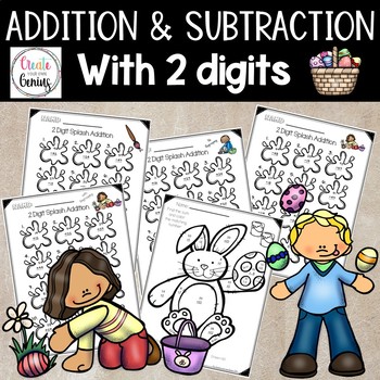 Preview of 2 Digit Addition and Subtraction Spring Theme and Coloring Worksheets⭐️