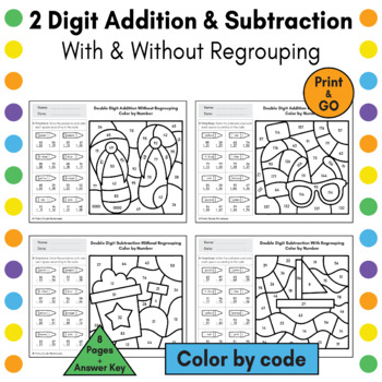 2 Digit Addition and Subtraction With/Without Regrouping Summer Color ...