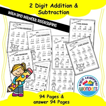 Preview of 2 Digit Addition and Subtraction Worksheets With and Without Regrouping Set1