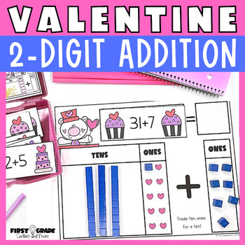 Preview of 2 Digit Addition with Regrouping Center Valentine Morning Bin Game Activity