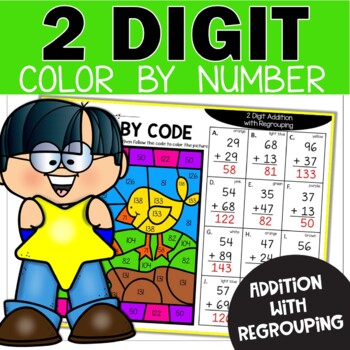 Preview of 2 Digit Addition with Regrouping Color by Number Math Pages Farm
