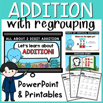 Preview of 2 Digit Addition with Regrouping Lesson PowerPoint and Worksheets