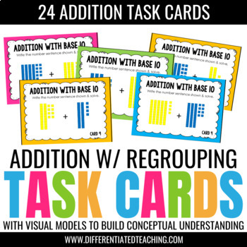 Preview of 2-Digit Addition with Regrouping Task Cards: Adding with Base 10 Blocks Models