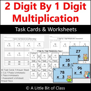 Preview of 2 Digit By 1 Digit Multiplication Task Cards & Worksheets 