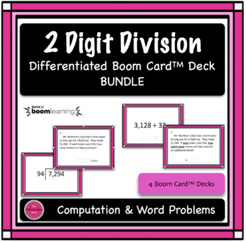Preview of 2 Digit Division Computation & Word Problem Boom Card Deck Bundle Distance Learn