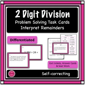 Preview of 2 Digit Division Differentiated Word Problem Task Cards, Interpret Remainders