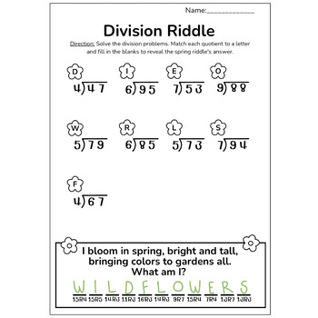 2-Digit Division With Remainders Spring Riddles Math Practice Worksheet