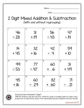 2 Digit Mixed Addition Subtraction With And Without Regrouping Worksheet