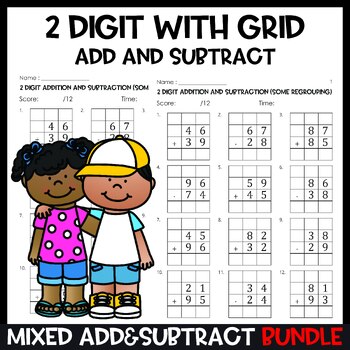 Preview of 2 Digit Mixed Addition and Subtraction Some Regrouping with Grid Bundle