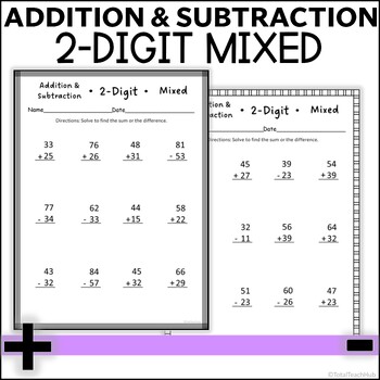 Preview of 2-Digit Mixed Addition and Subtraction Worksheets | With and Without Regrouping