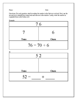 Preview of 2-Digit Numbers in Expanded Form