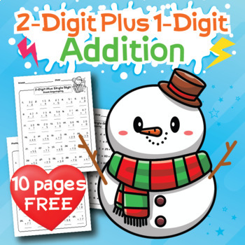 Preview of 2 Digit by 1 Digit Addition NO & With Regrouping Winter Math Worksheets FREE