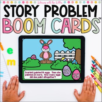 Preview of 2 Digit Story Problems Boom Cards™| Easter Themed Math Task Cards