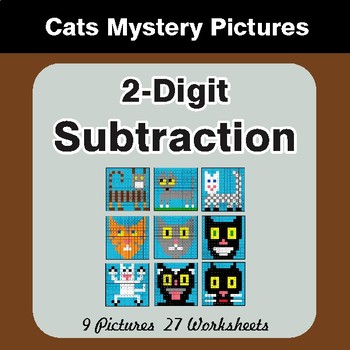 2-Digit Subtraction - Color-By-Number Math Mystery Pictures - Cats Theme