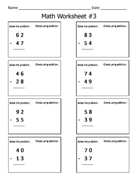 2 digit subtraction with regrouping math worksheetscheck with inverse